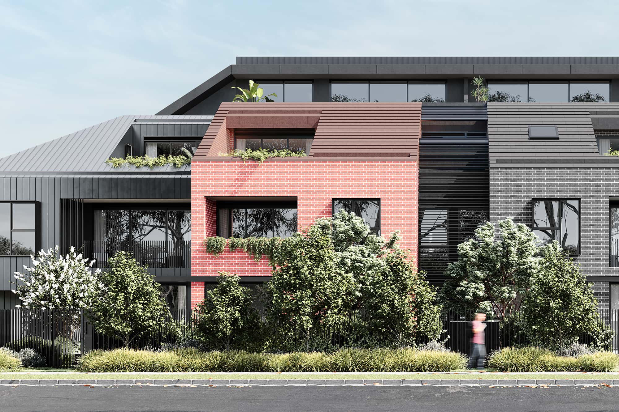 Exterior render visualising the red and charcoal brick amongst the trees in the middle of the day