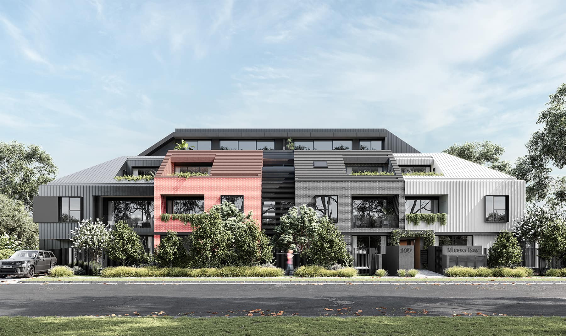 wide view from the road of a row of residences