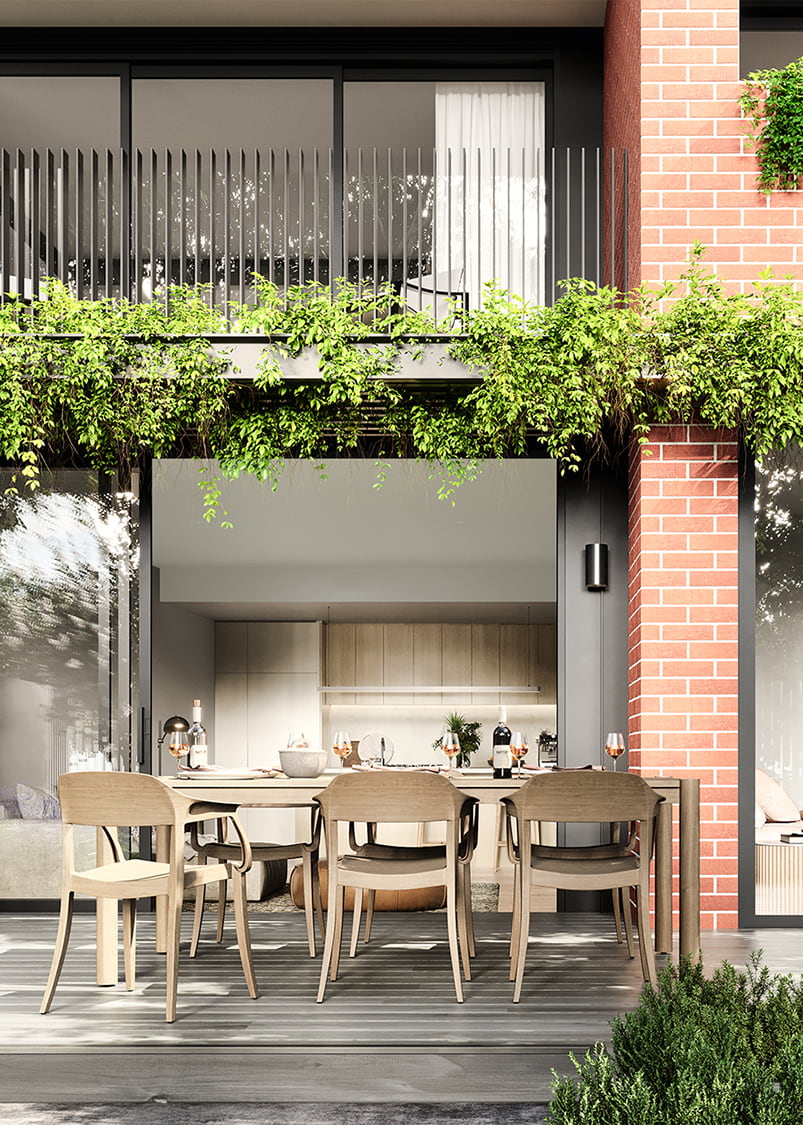 3D Render view from the outside entertainment area of the residences