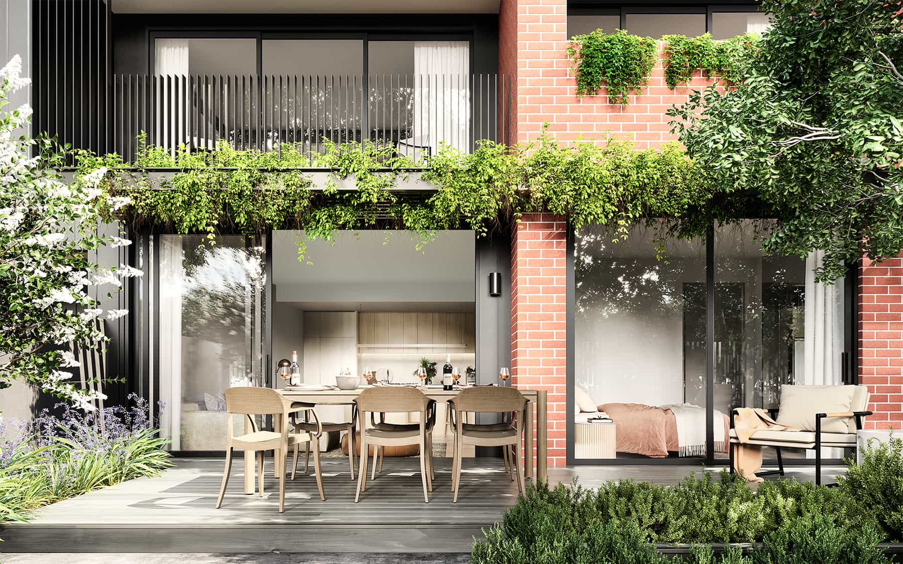 Closeup of the outdoor entertainment area looking into the interior