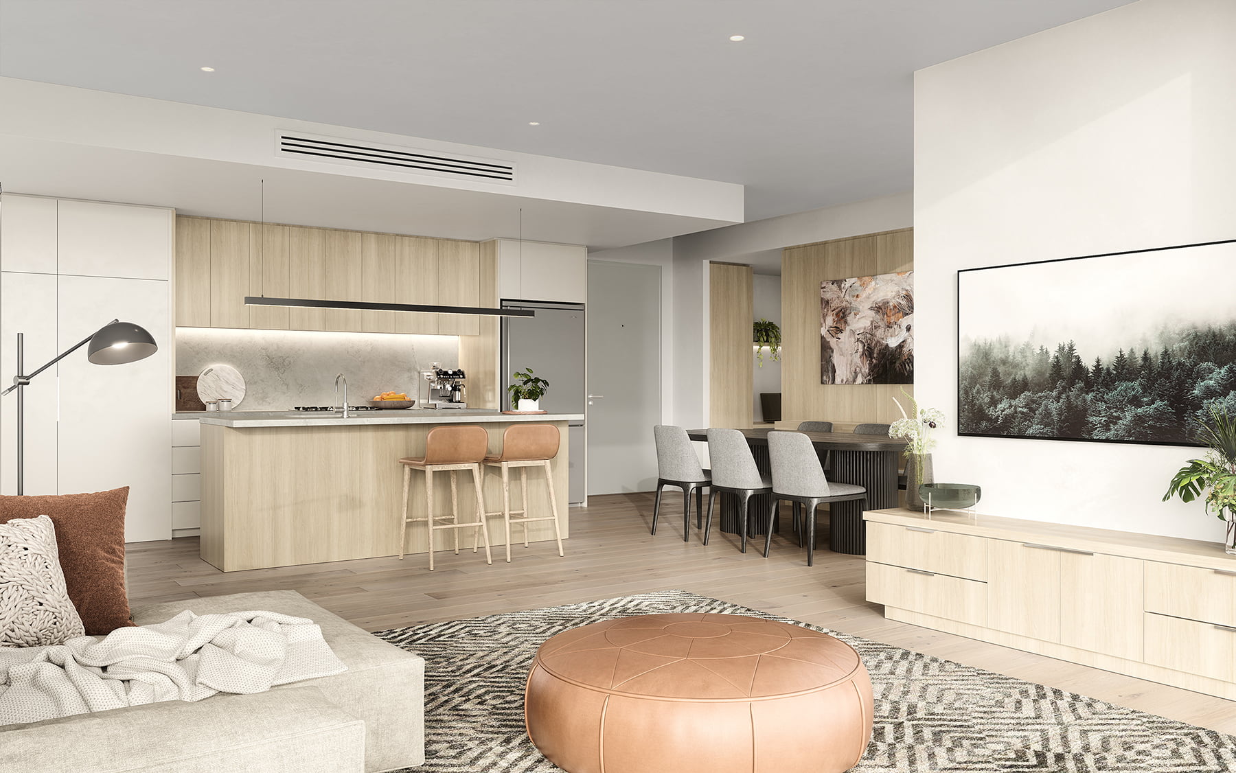 interior view of a living room and kitchen