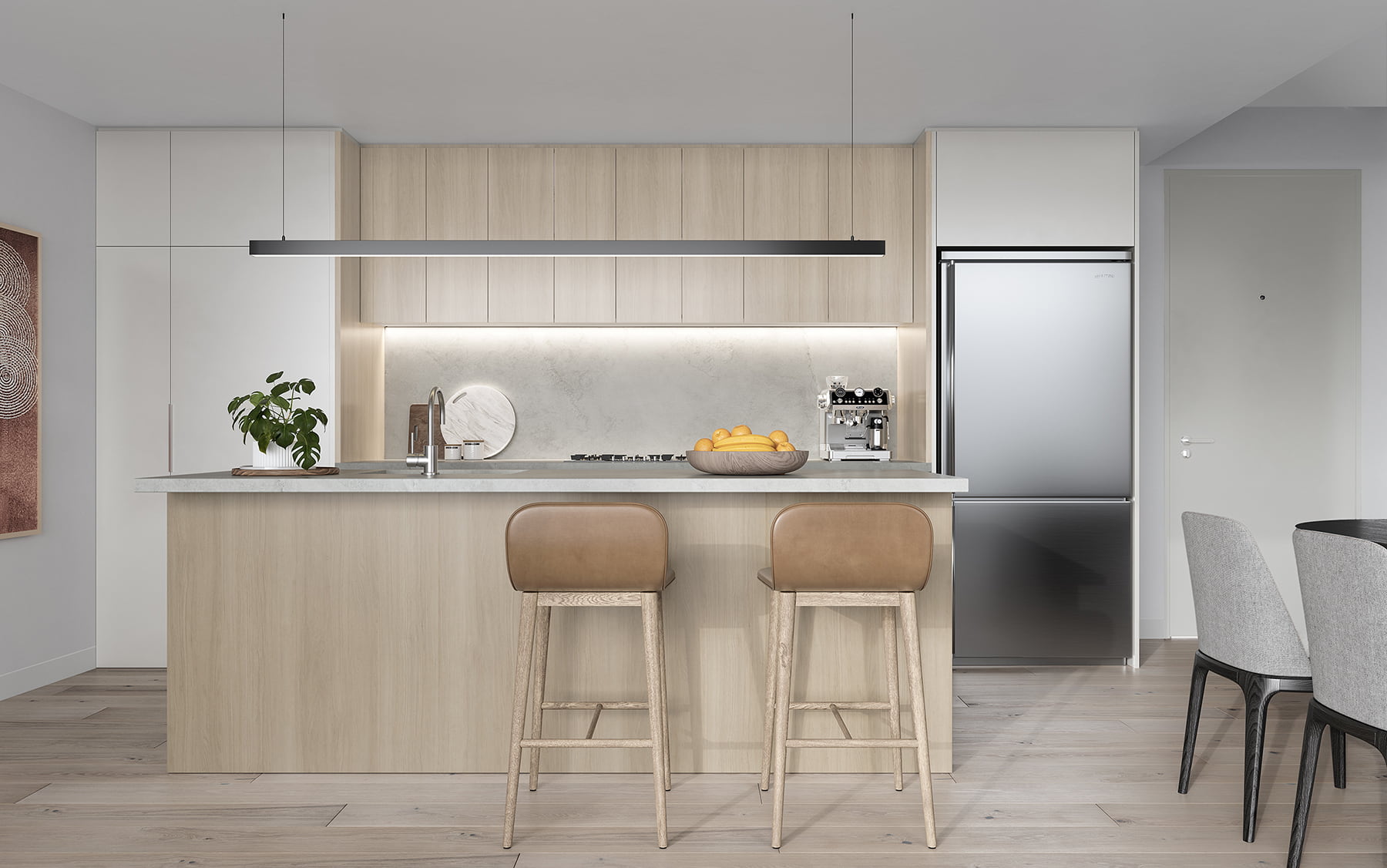 front on view of kitchen looking over the kitchen bench